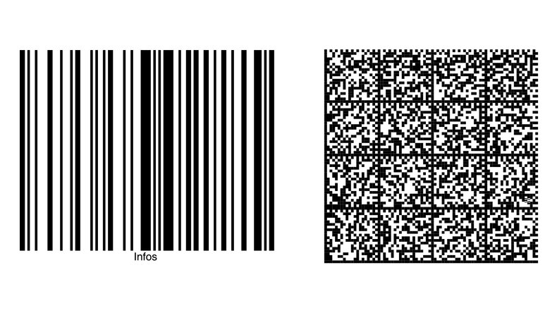 Größenvergleich - 1D-Code mit 5 Zeichen, 2D-Code mit 512 Zeichen Dateninhalt